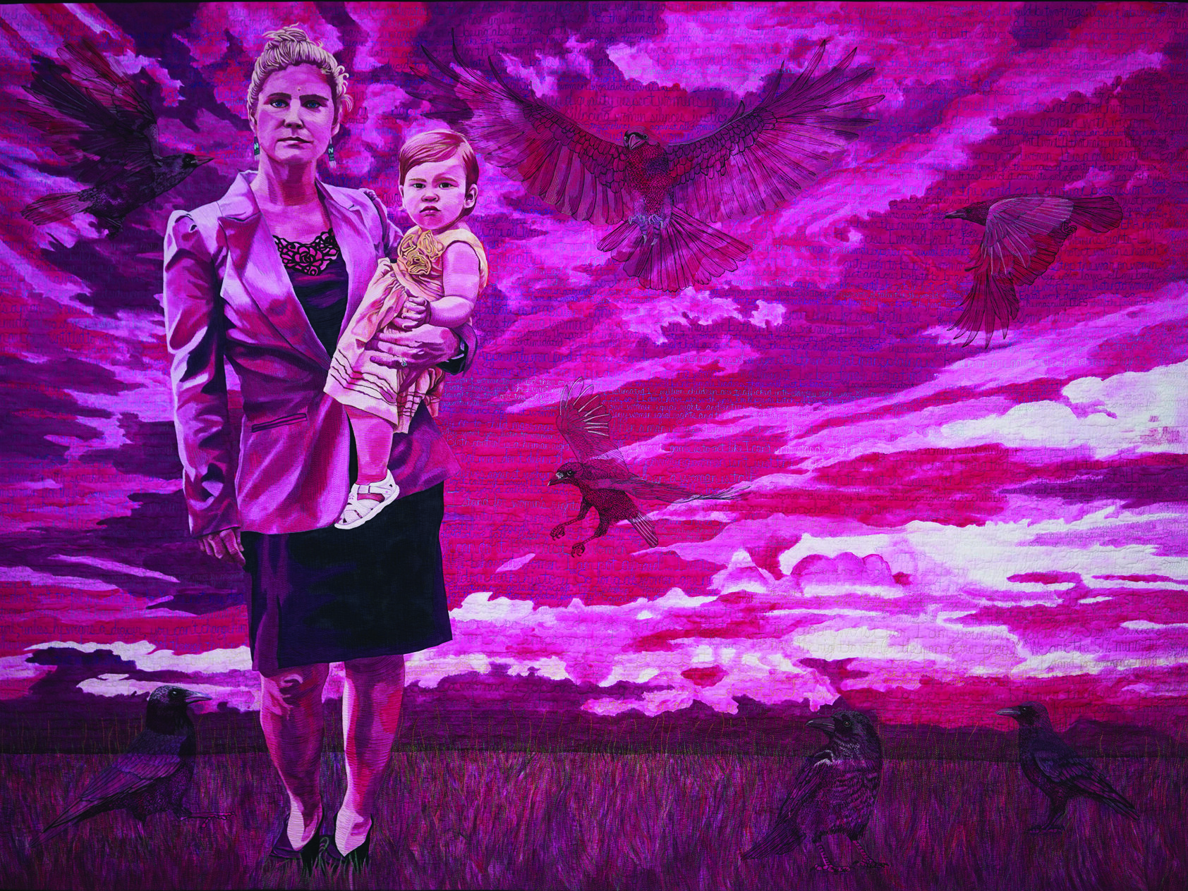 A quilted artwork, painted in shades of pink, depicting a white woman in a dress and blazer holding a baby wearing a dress. The woman and child show little expression as they look at the viewer, standing in a large open field with a cloudy sky behind them. They are surrounded by ghostly, semitransparent crows on the ground and in the sky. In the background, lines of text can be faintly seen.
