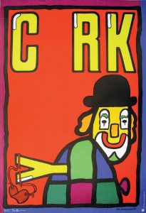 Jan Mlodozeniec, Cyrk, 1979 – Frank Fox Polish Poster Collection at Drexel University. This poster for cyrk by Mlodozeniec features simplified flat shapes, bright colors and a bold font. the clown wears a top hat and carries a slingshot made of the letter “y.” The viewer could interpret the actions of the clown as he sneaks out of the frame with the “y” as an underlying message about sociopolitical issues. 