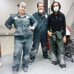 Back in the lab at Drexel, students Elena Schroeter, David Schloss and Aja Carter don gear to begin the messy work of removing bones from plaster casts.