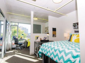 The Summit houses 260 student living units that amount to 1,315 total beds. Most rooms are like this one, where four students in two separate bedrooms (split by a privacy wall) share a common living room, kitchenette (which includes a convection oven/microwave combo, cooktop, fridge and sink) and two bathrooms