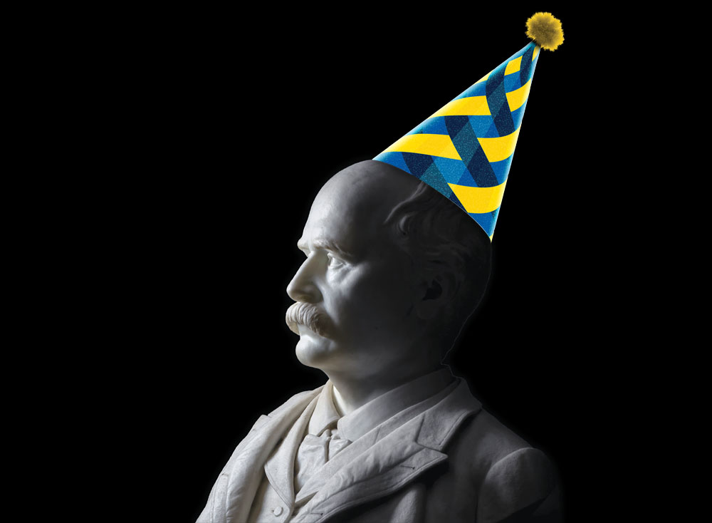 Bust of A.J. Drexel wearing birthday hat