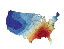 heatmap of the United States focusing on the Southeast