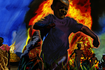 Illustration of a Sudanese village on fire