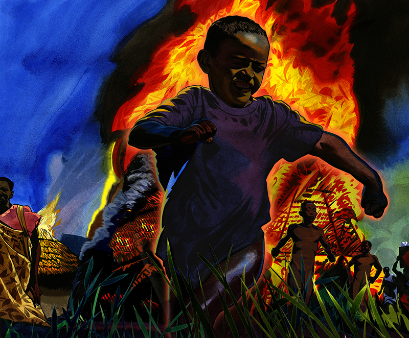 Illustration of a Sudanese village on fire