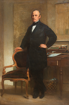 Nineteenth century oil painting titled “Portrait of Francis Martin Drexel (1792–1863)” by Jean Joseph Benjamin Constant currently hangs in Drexel’s Paul Peck Alumni Center.