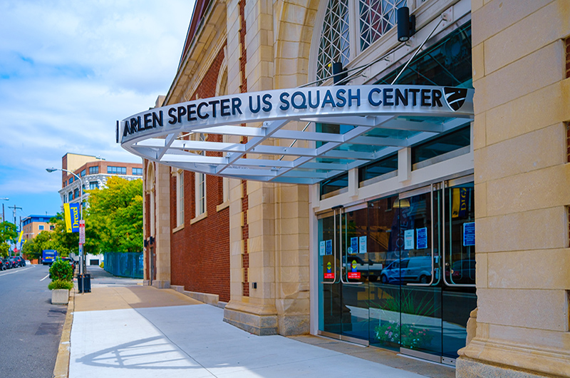 The exterior of the Arlen Specter US Squash Center. Photo credit: Jeff Fusco.