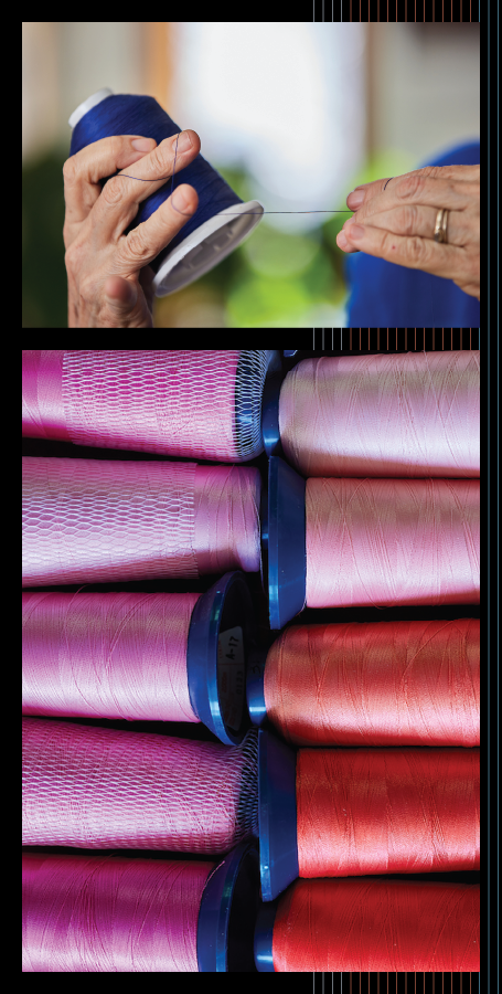 Top: Chatelain's hands holding a cone of thread. Bottom: A close-up of many pink and red thread cones.