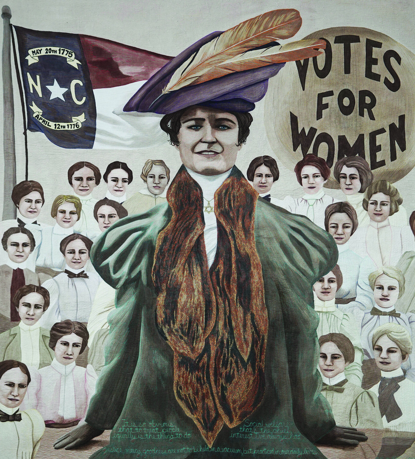 A quilted artwork in warm, muted colors depicting a smiling white woman wearing an early 1900s-style coat, a large hat, and a Star of David necklace. Behind her are 20 more smiling white women dressed in a similar style. In the background are the North Carolina flag and a large sign reading 'Votes for Women'.