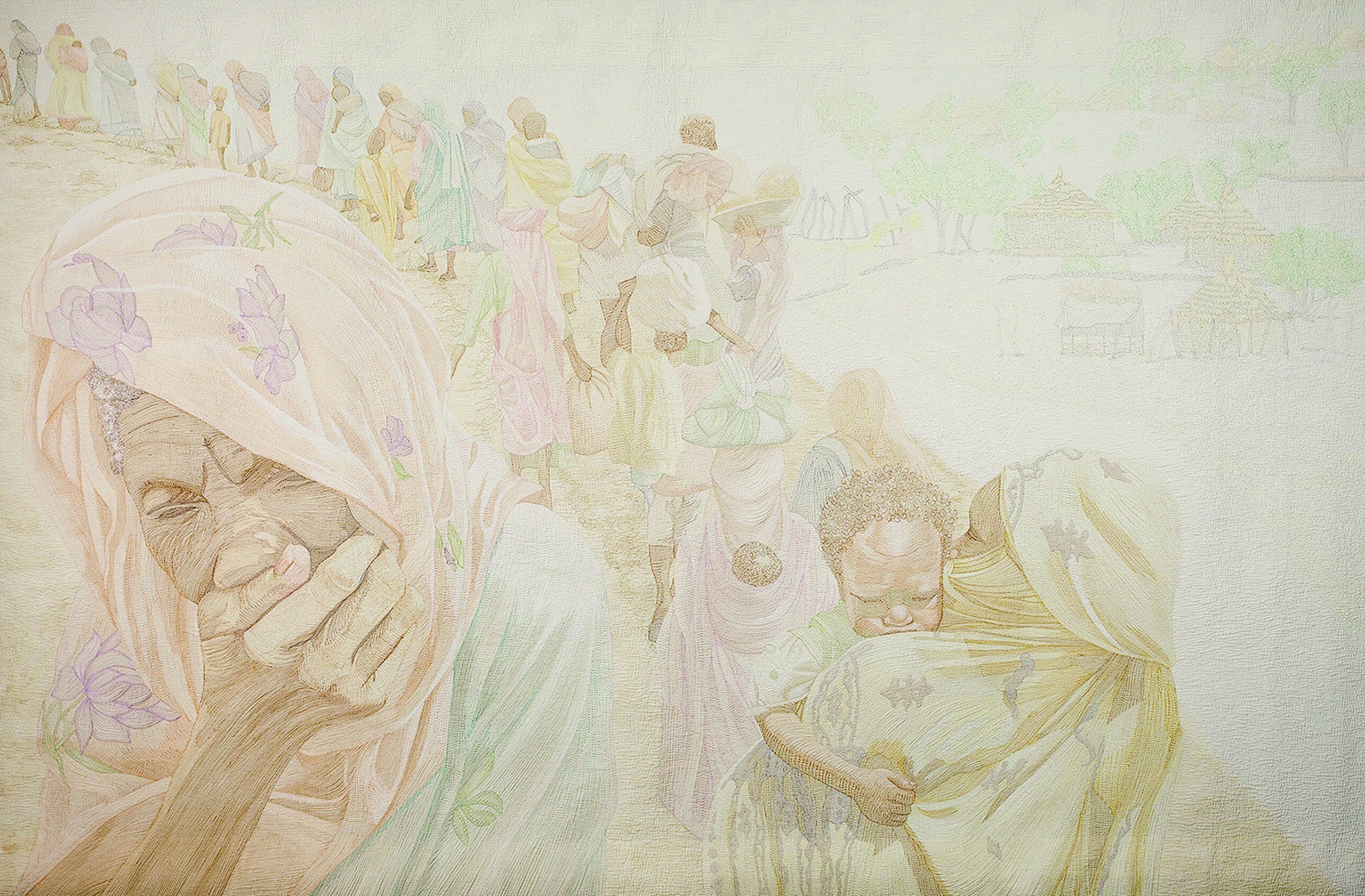 A quilted artwork in warm, muted colors depicting a long line of Black adults and children dressed in colorful clothes fleeing their homes. In the foreground, an older woman covers her mouth and closes her eyes with emotion.
