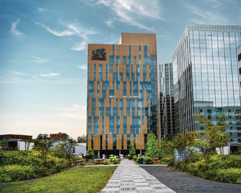 A tall, new office building in brown and clear glass, with a large Drexel logo on the top left corner. To the left of the building is green space with picnic tables, and to the right are other large office buildings.