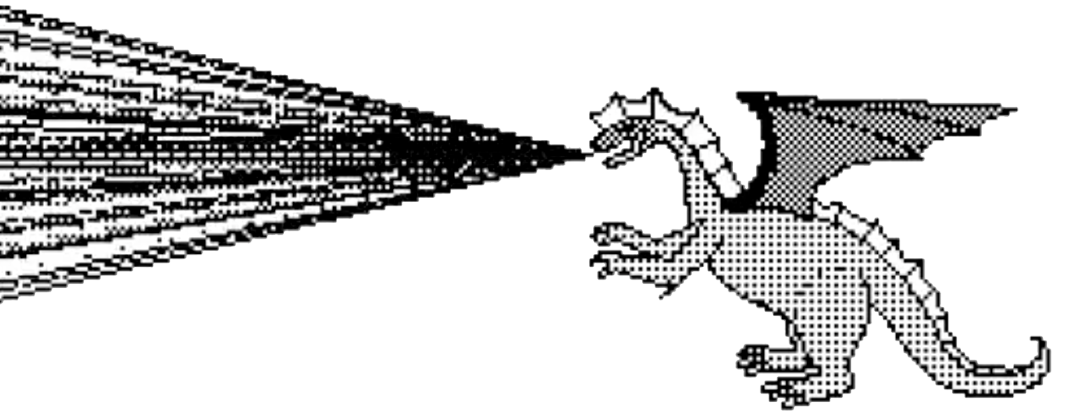 A black and white pixel art icon of a dragon breathing fire