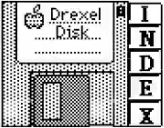 A black and white pixel art icon of a floppy disk; its label has the Macintosh apple logo and the words 'Drexel Disk'