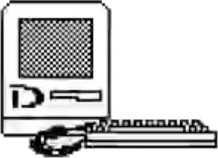 A black and white pixel art icon of a Macintosh computer labeled with a Drexel D