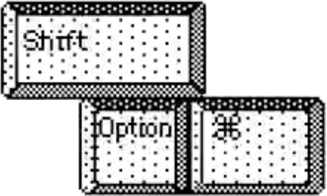 A black and white pixel art icon of the Shift, Option, and Command keys on a Macintosh keyboard