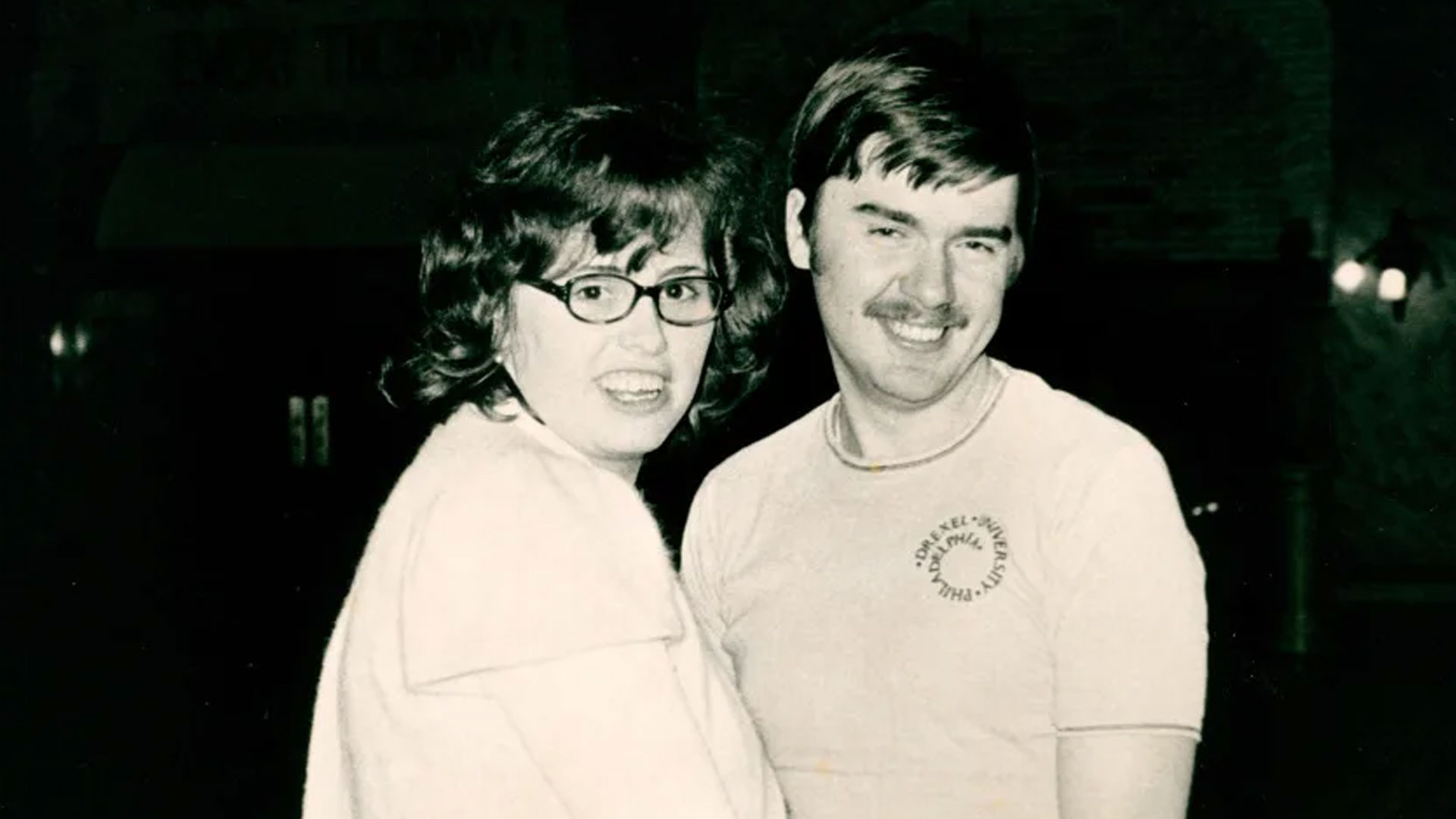 A vintage photo shows Kathy and Dave as Drexel students, capturing the early days of their relationship and the campus community where their shared story began.