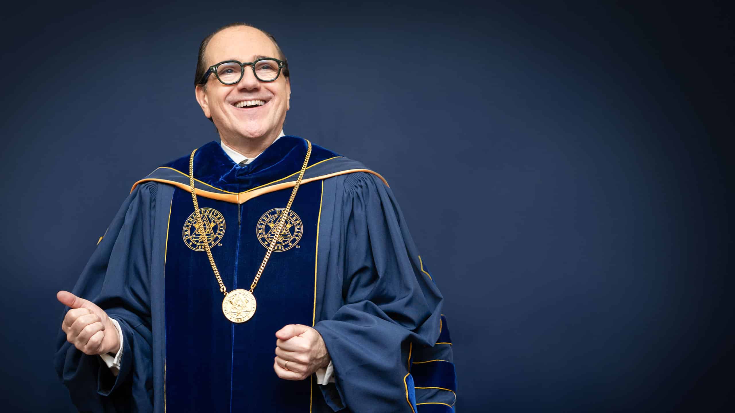 President Antonio wears the robes and medallian of investiture at his inauguration April 16, 2026, at Drexel University.